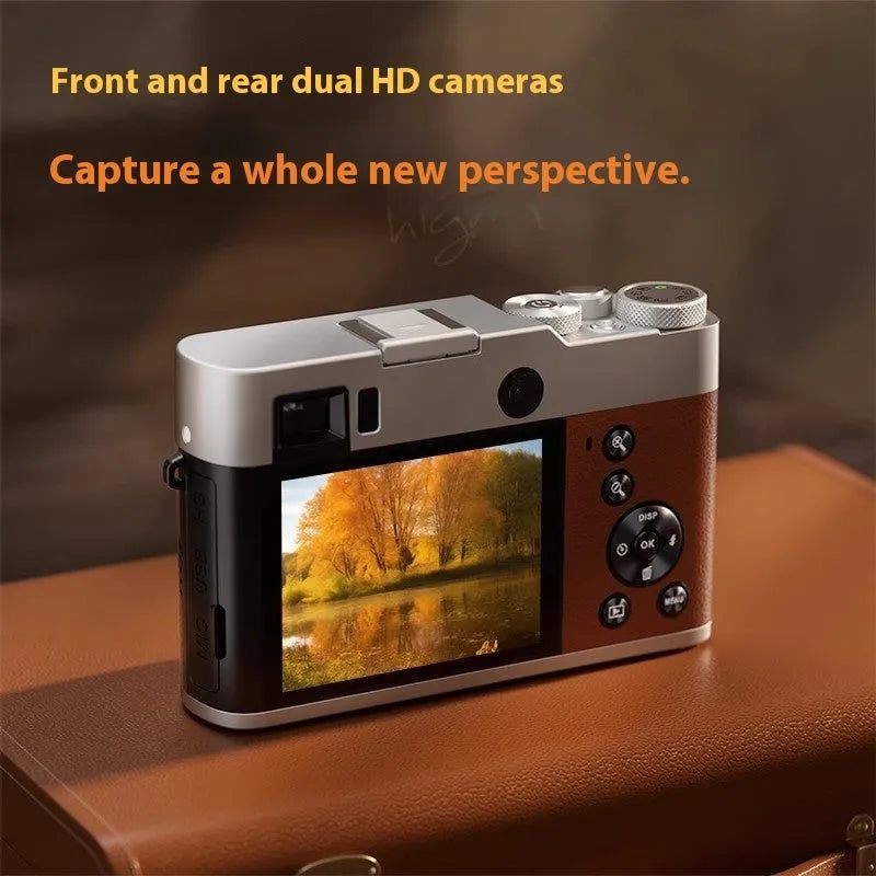 5K HD digital camera with optical viewfinder shown in black and brown colour options
