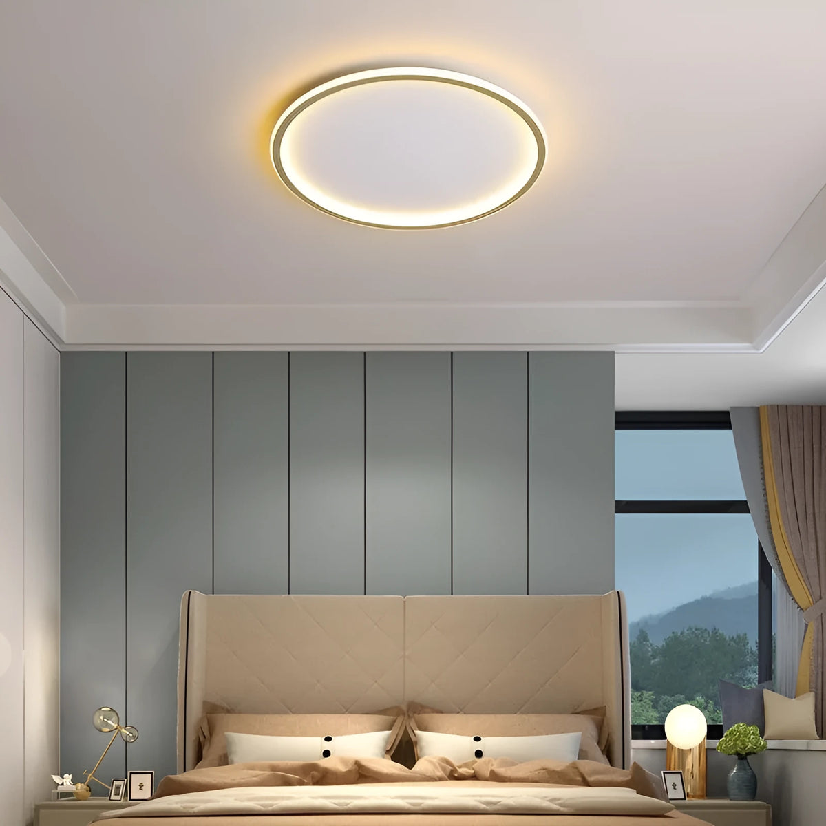 Modern minimalist circular LED ceiling lamp in black, gold, or white finish, shown in 60cm and 80cm sizes.