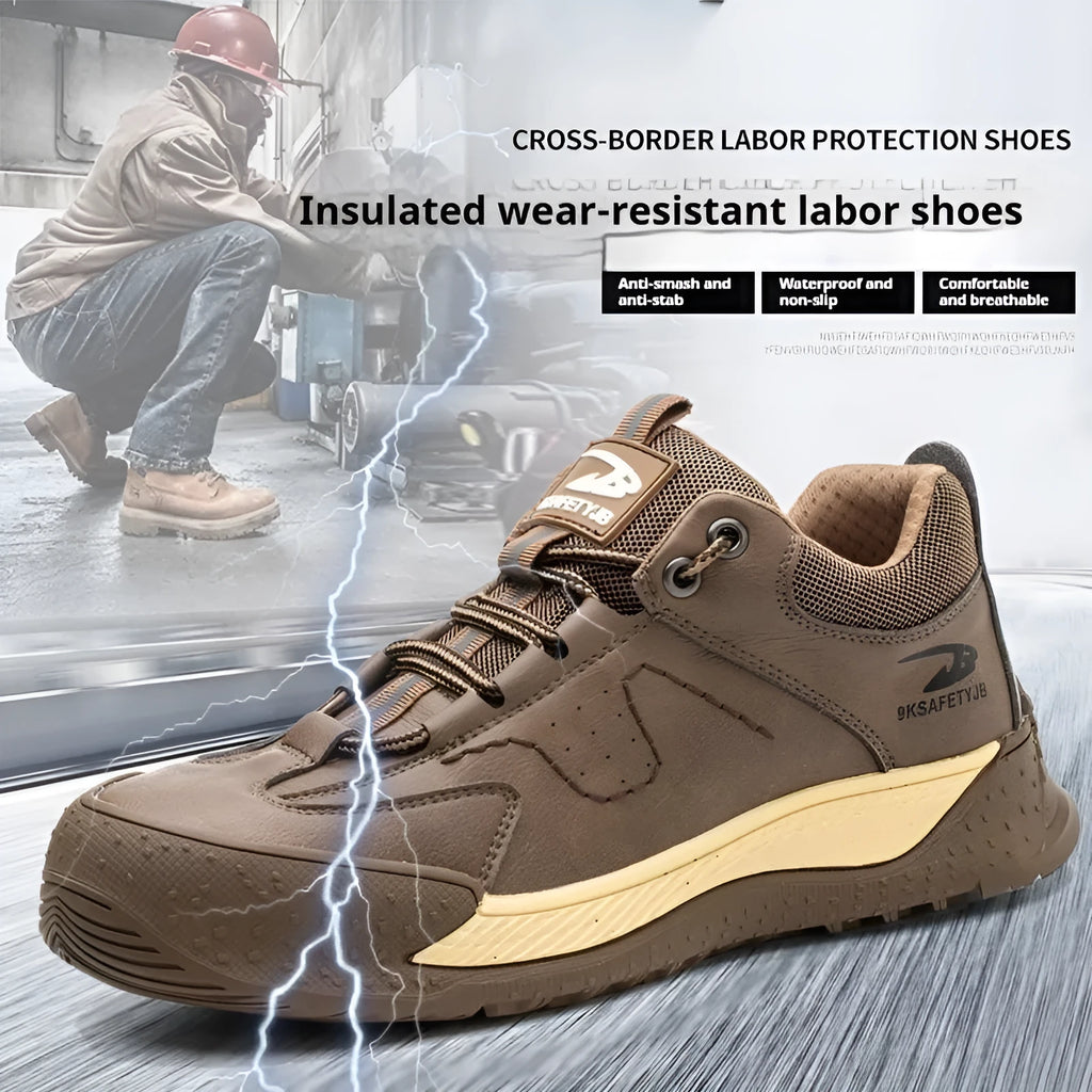 A pair of Flyknit leather work shoes with a rubber sole, shown in a choice of colours.