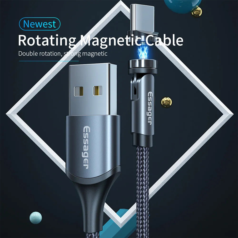 Essager rotating magnetic USB charging cable with blue LED light indicator in black colour