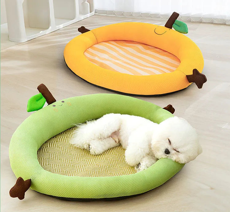 Green fruit-shaped backrest pet cooling mat nest for dogs and cats on a wooden floor.