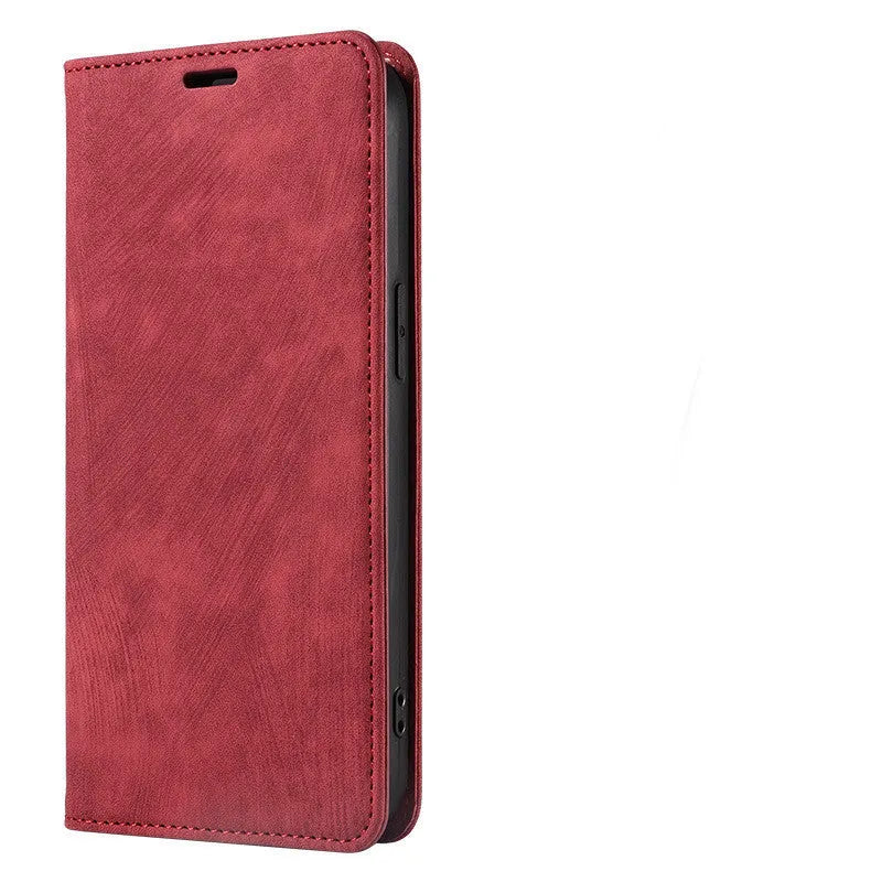 Magnetic flip leather phone case for iPhone in grey, lake green, and pink colours.