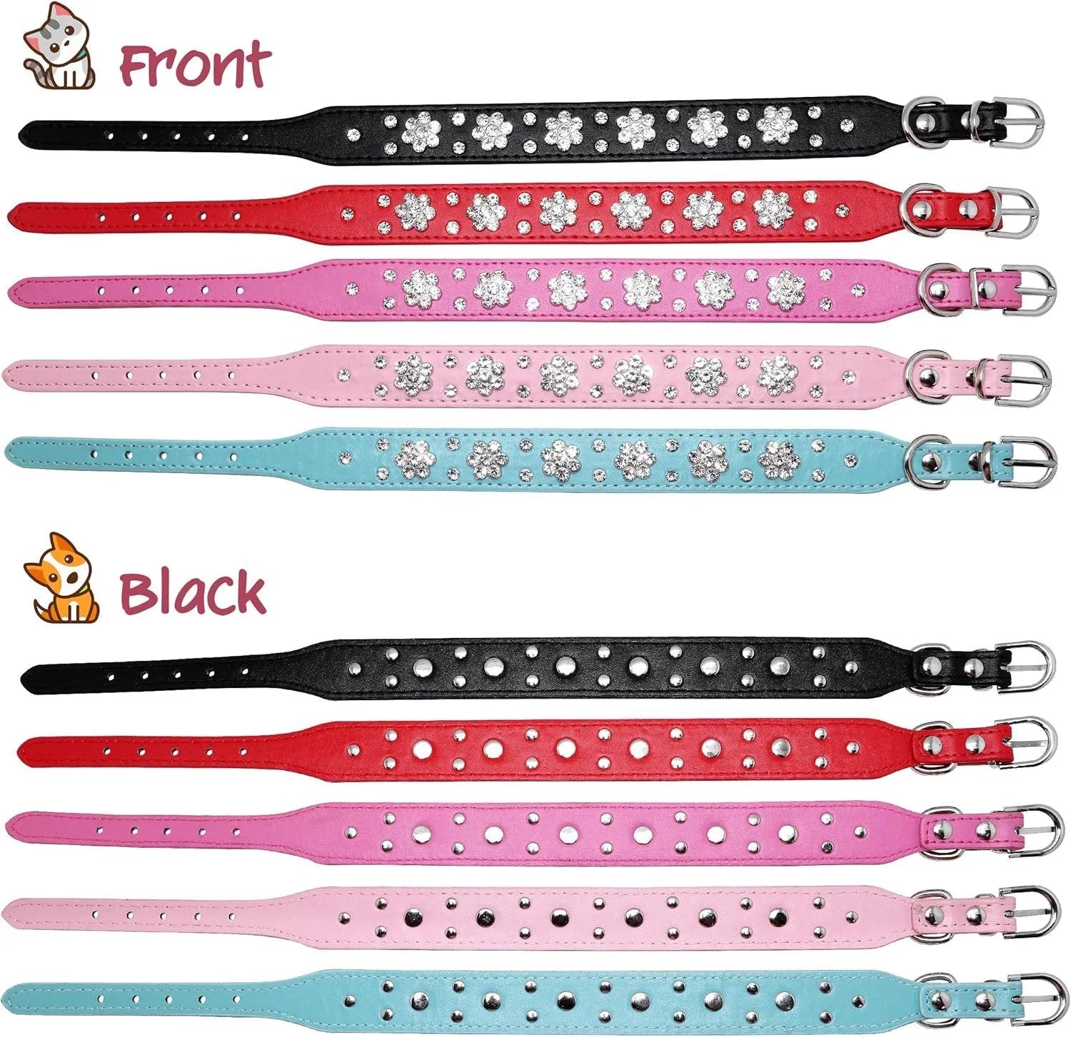 Black dog collar with studded rhinestone flower pattern and a metal D-ring on a white background