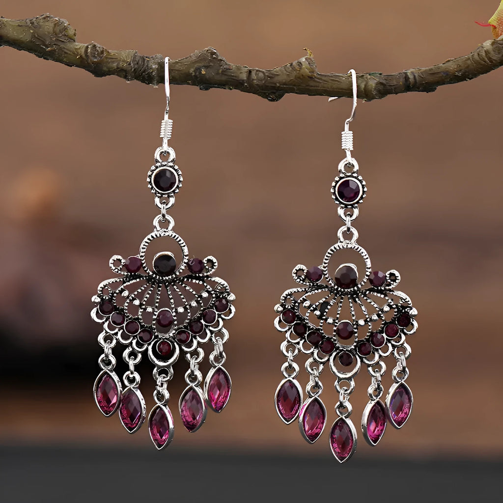 Purple long fringe drop earrings with crystal detailing and retro ethnic style