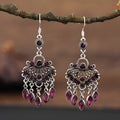 Purple long fringe drop earrings with crystal detailing and retro ethnic style