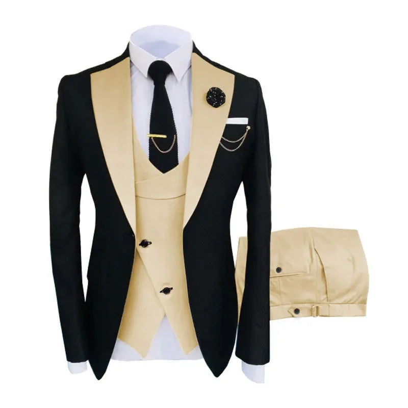 Men's slim fit cotton three-piece suit in light business style for weddings, showing coat, vest, and trousers.