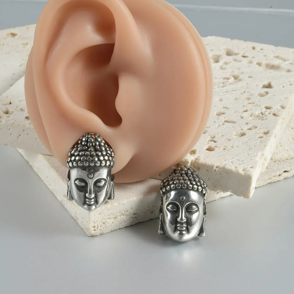 Stainless steel hollow skull Buddha earrings with geometric designs in four colour options