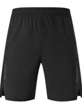 Men's casual five-point shorts in spandex fabric shown in black, cosmic blue, and forest green.