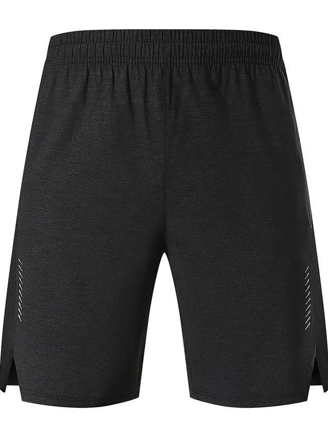 Men's casual five-point shorts in spandex fabric shown in black, cosmic blue, and forest green.