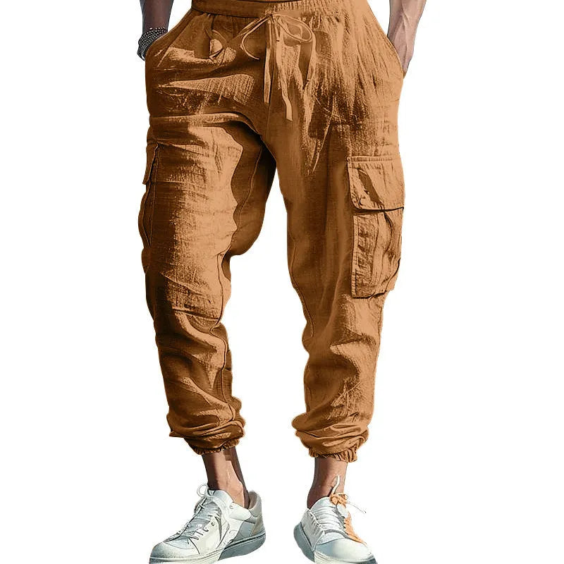 Men's ankle-tied casual trousers in linen fabric with multi-pocket design and drawstring waist