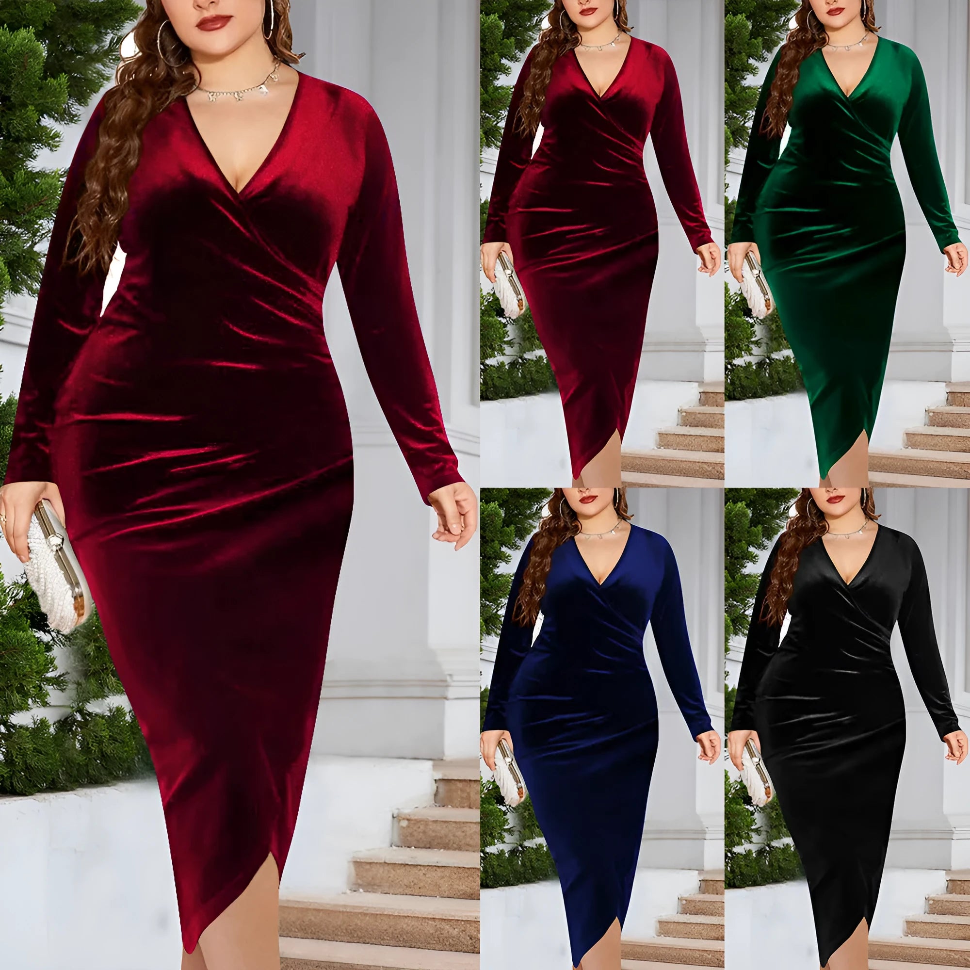 Women's red V-neck long sleeve dress in a plus size, showcasing the regular sleeve and neckline design.