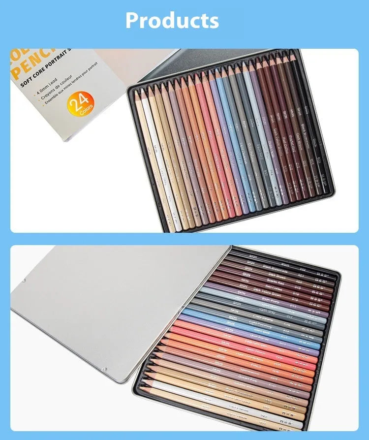 24 skin tone colour pencils for portrait artwork in round brush pot with iron box
