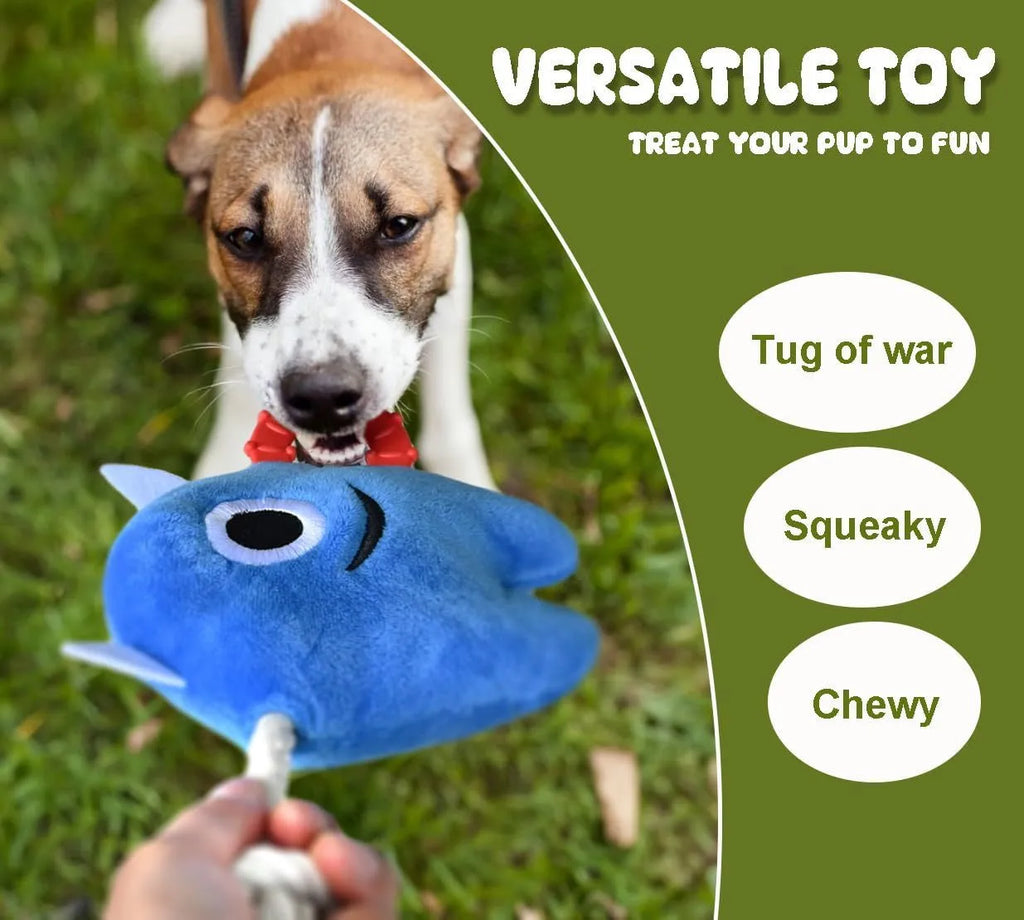Blue and green plush dog toy with integrated cotton rope sections and a squeaker inside