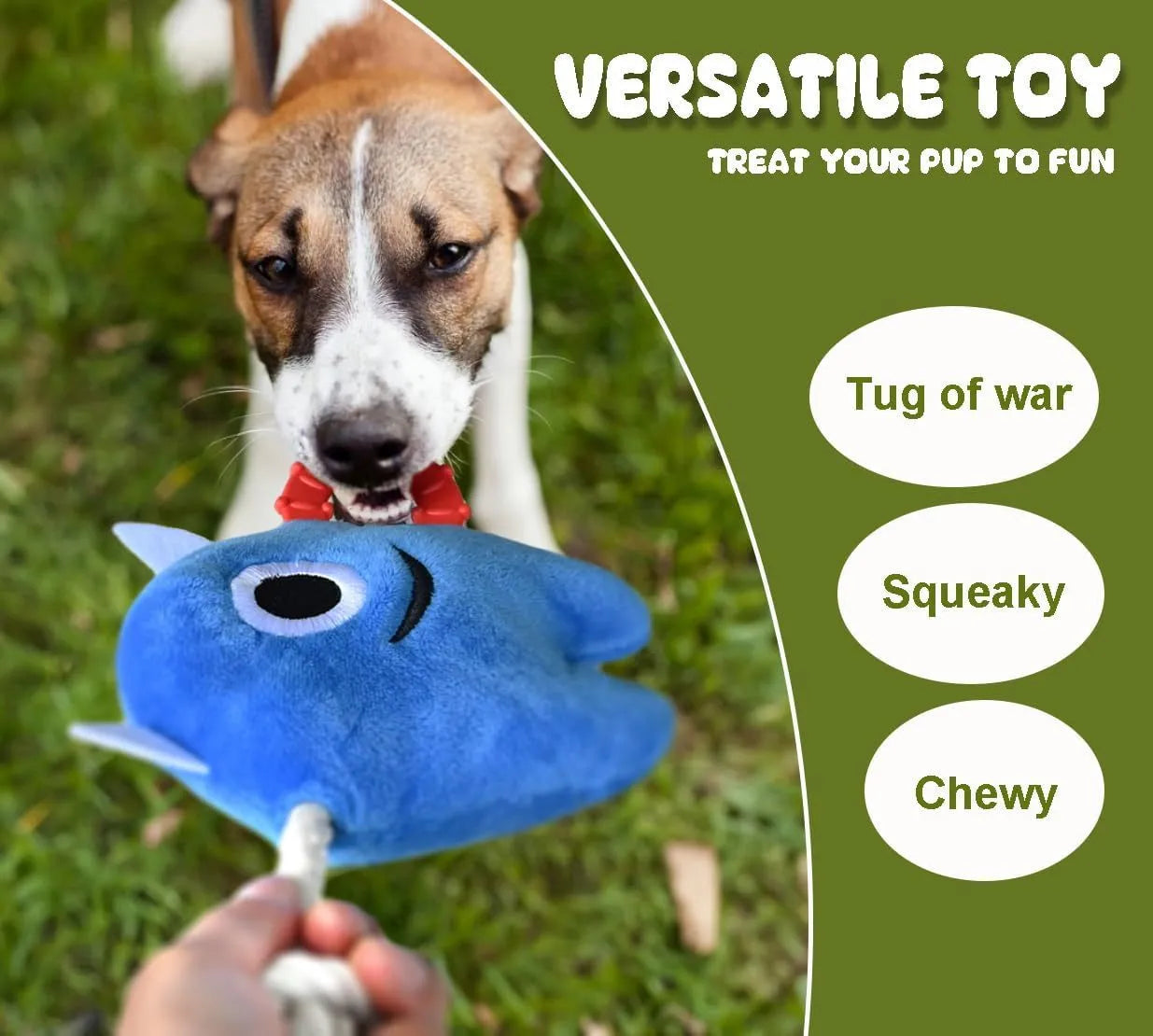 Blue and green plush dog toy with integrated cotton rope sections and a squeaker inside