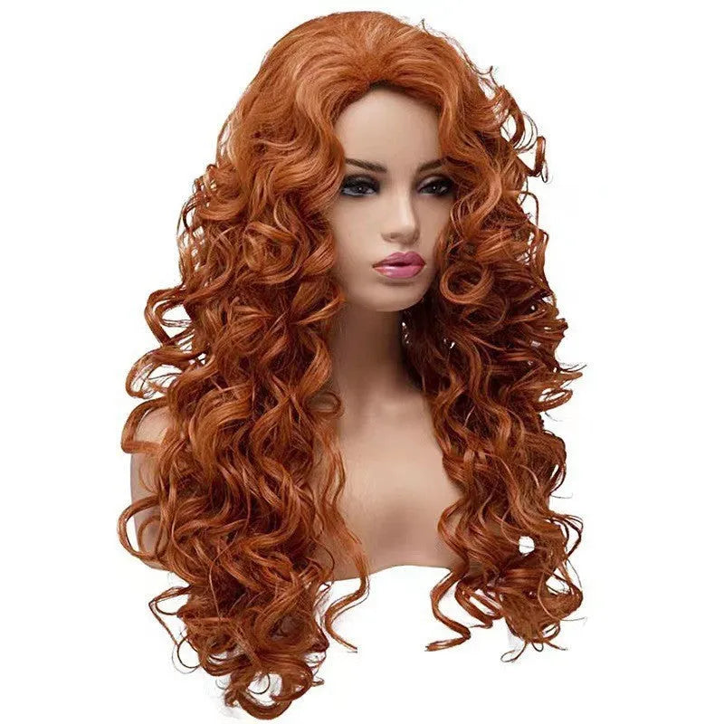 Brown long wavy curly synthetic wig with net cap for Halloween and cosplay