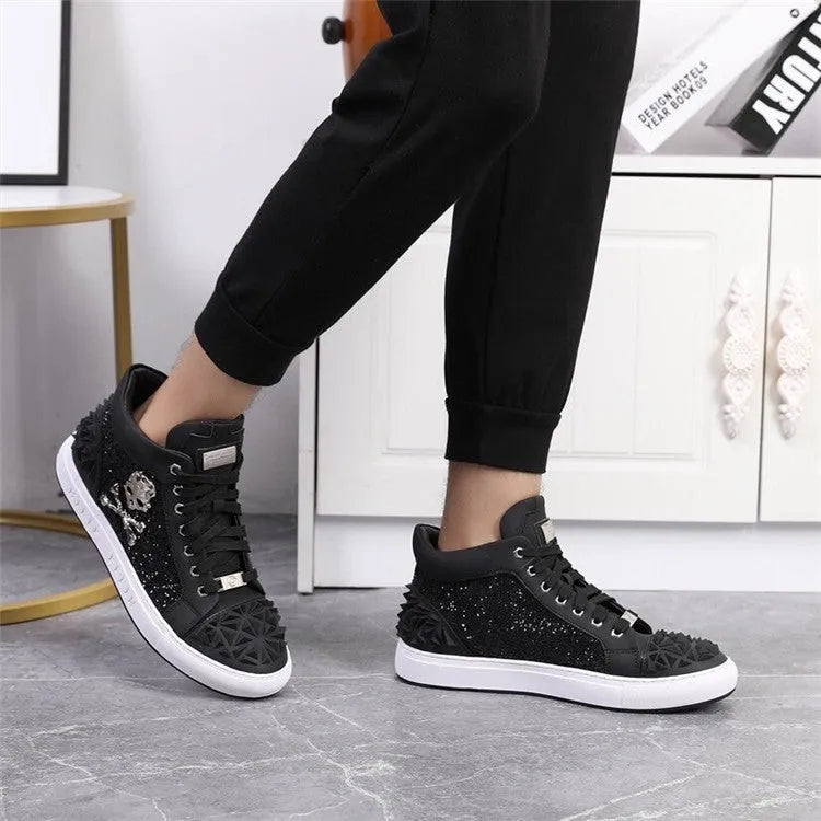 Men's genuine leather high top skeleton shoes with lace-up closure and rubber sole