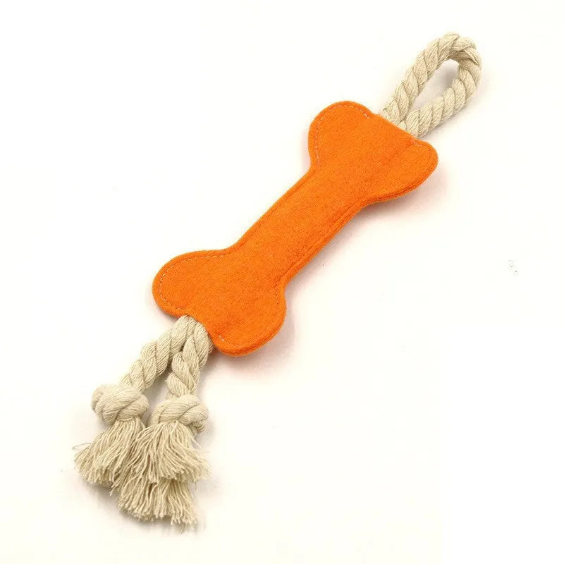Felt bone shaped dog chew toy with rope knot texture in blue colour