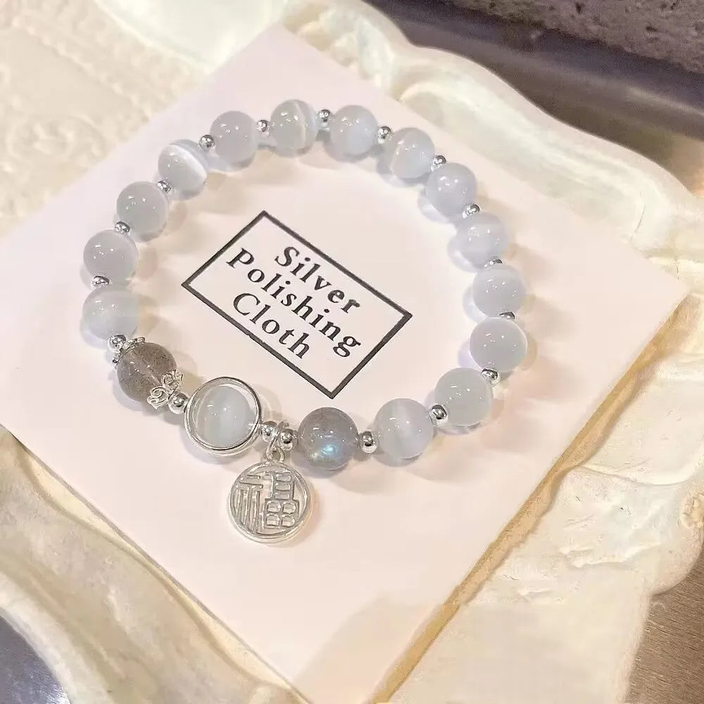 Glass butterfly bracelet for women with drop shape design and coloured glaze beads in moonlight grey