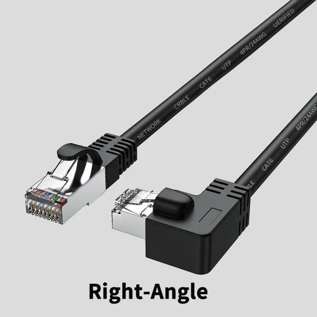 Cat6 Ethernet cable with right-angle metal RJ45 connector in black, shown alongside length and colour options.