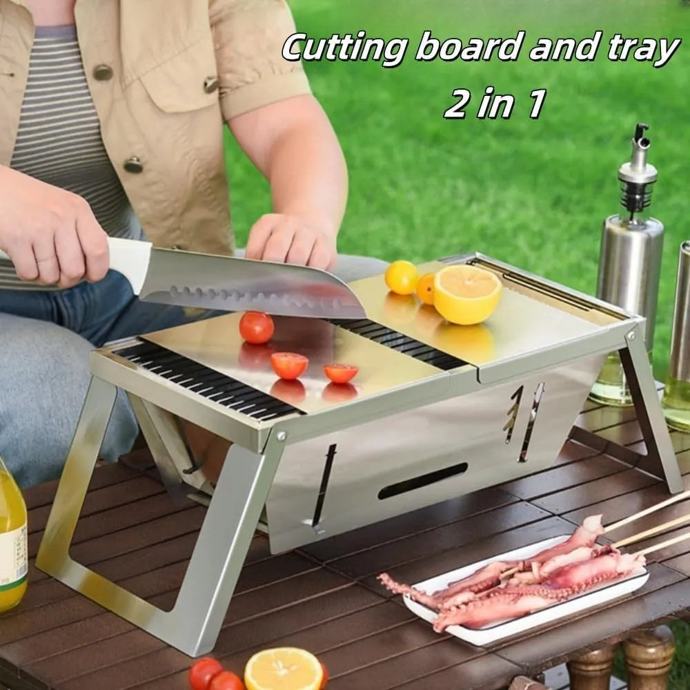 Small black foldable portable charcoal grill for outdoor barbecues, shown in both open and collapsed positions.