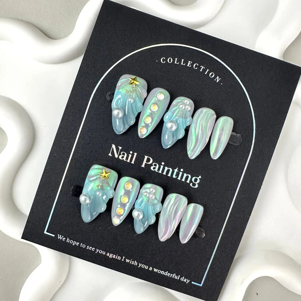 HAILANG blue plastic nail sticker set showing wearable artificial nails in four sizes