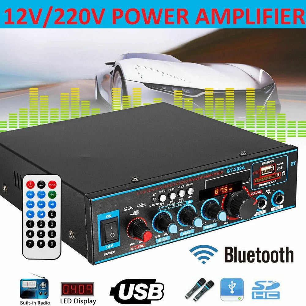 Black BT-309A-A dual-purpose power amplifier with Bluetooth, front panel controls, and wire clamp connections