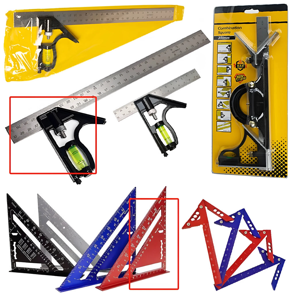 Red anodised aluminium combination angle ruler showing dual-sided metric centimetre and millimetre scales.