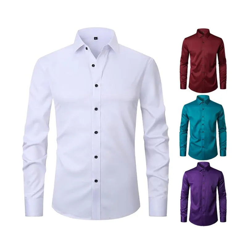 Men's stretch long sleeve polyester work shirt on a hanger, showing button front and long sleeves.