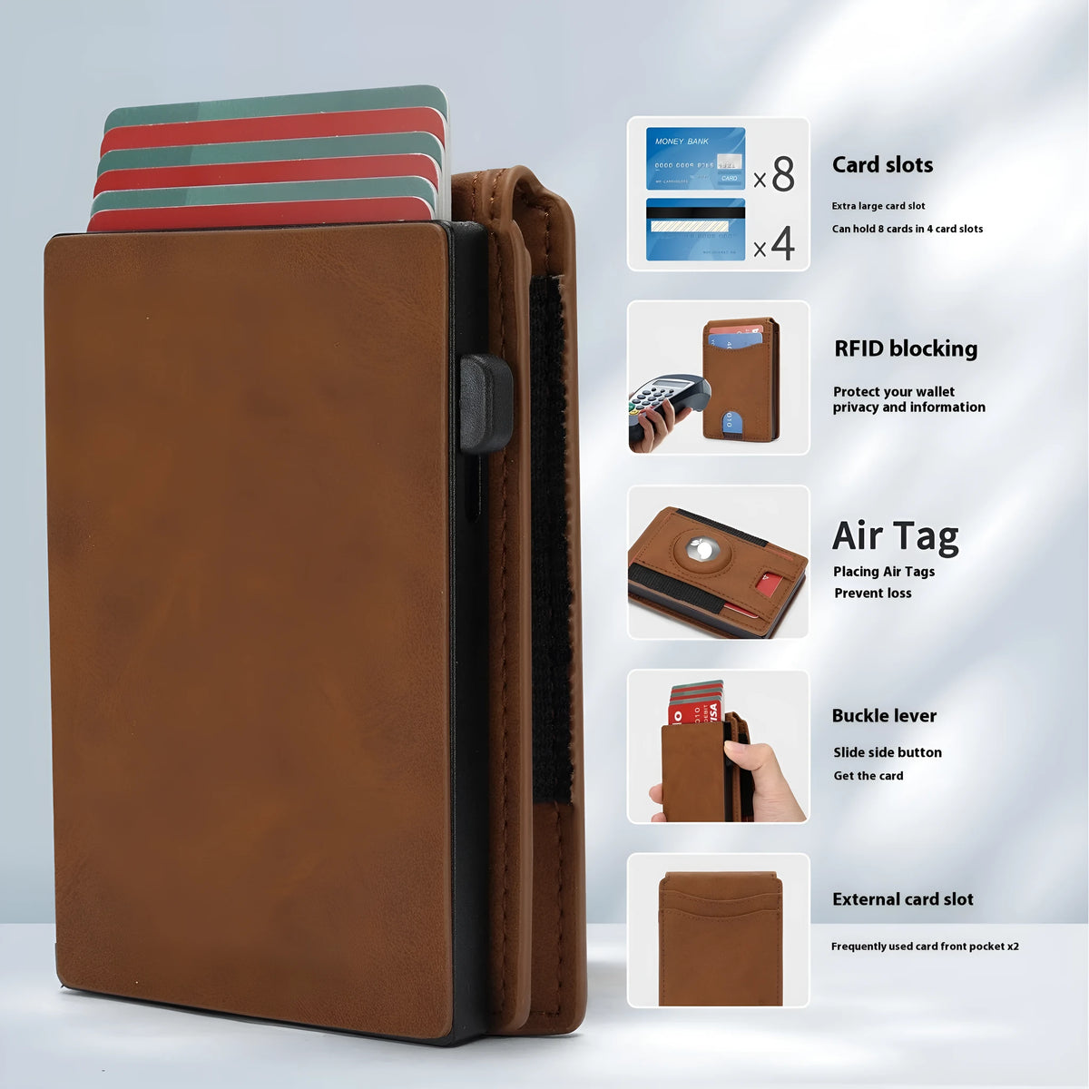 Men's slim card holder in microfiber with synthetic leather lining in black, dark brown, or light brown