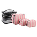 Professional pink striped makeup bag with floral pattern and folding design for cosmetic organisation