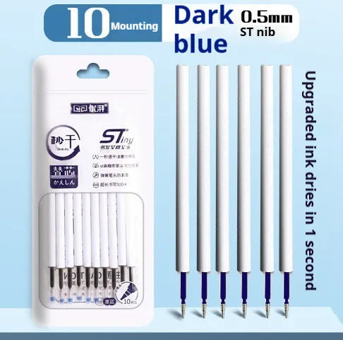 Pack of 10 quick-drying gel pen refills in black, red, blue, and ink blue colours