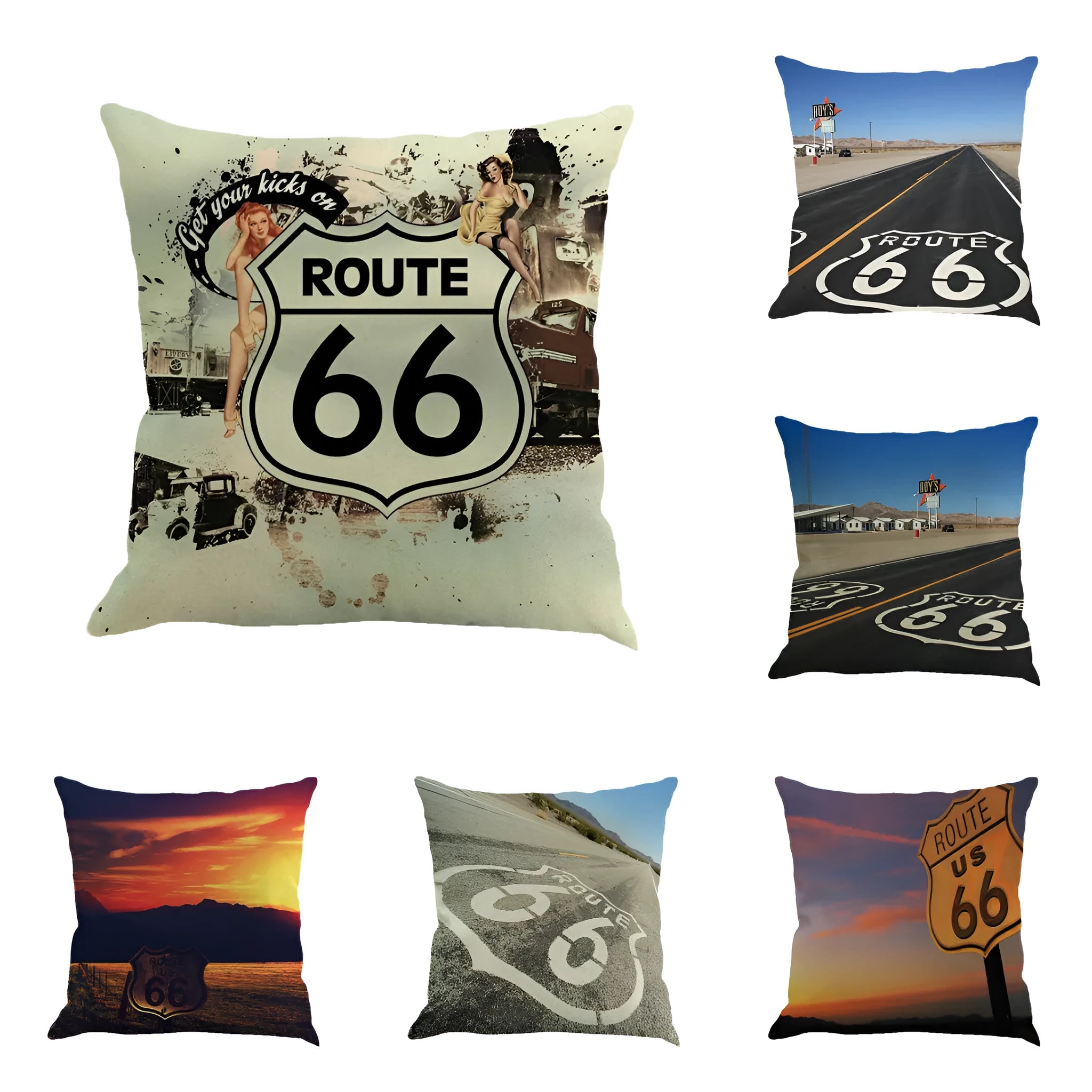 Square linen-cotton blend cushion cover with a scenic Route 66 landscape print.