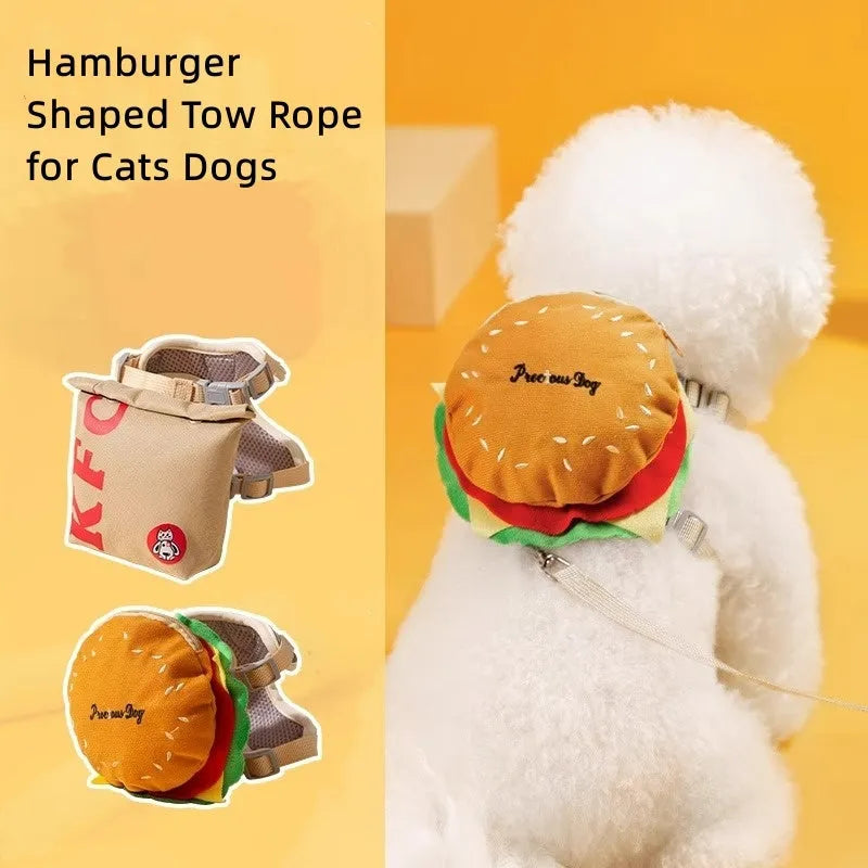 Cartoon hamburger design adjustable vest leash harness for a dog on a walk.