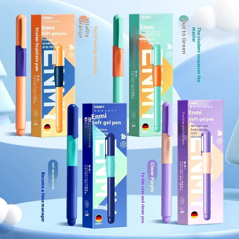 A boxed student posture correction pen with an ergonomic plastic grip, shown in blue colour variant.