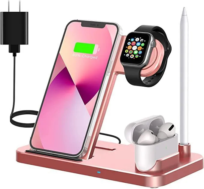 Folding 4-in-1 wireless charger in black showing vertical iPhone charging station mode with MagSafe attachment