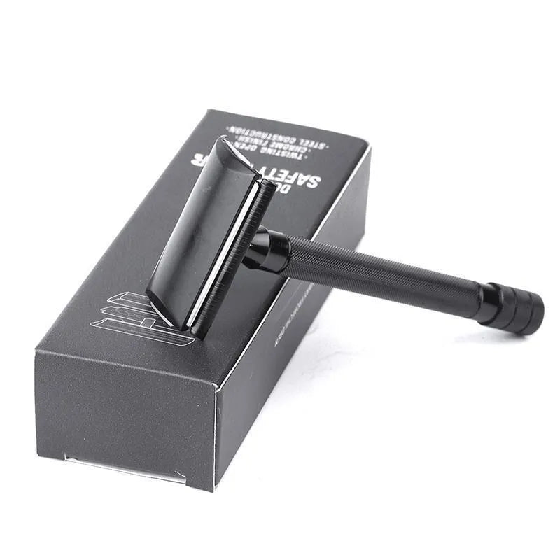 Manual shaving razor set with metal scraper and brush in black or silver finish for traditional wet shaving