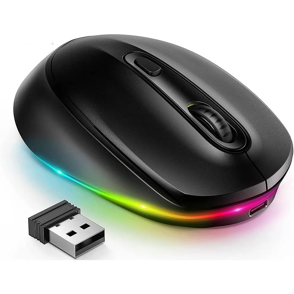 24g lightweight wireless ergonomic mouse in various colours next to a USB charging cable