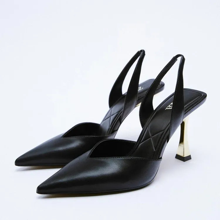 Women's pointed toe high heels in patent leather, shown in apricot and black colours.