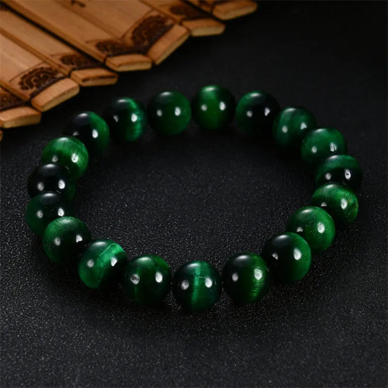 Natural green Tiger's Eye stone bracelet with geometric polished beads