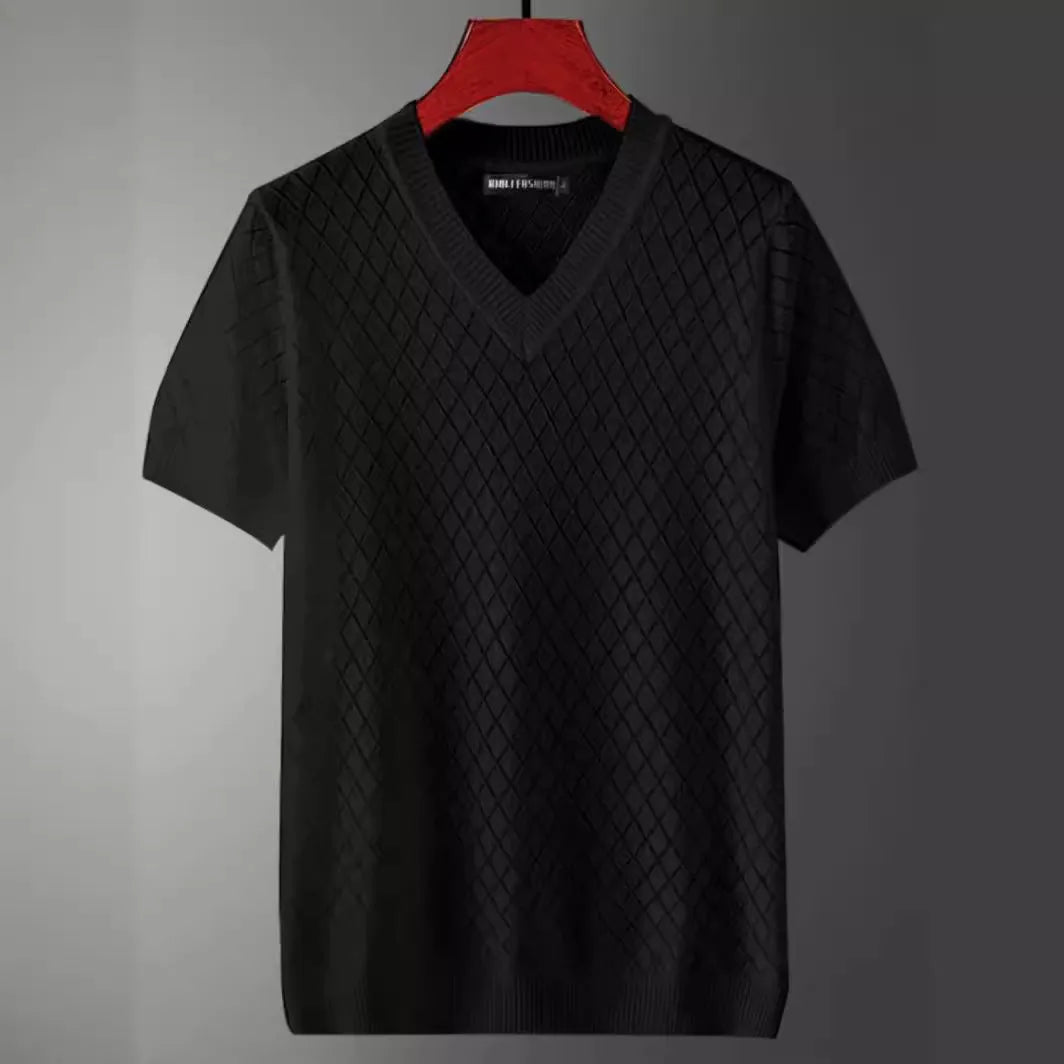 Men's Black and White Korean style ice silk t-shirt showing V-neck and round neck options.