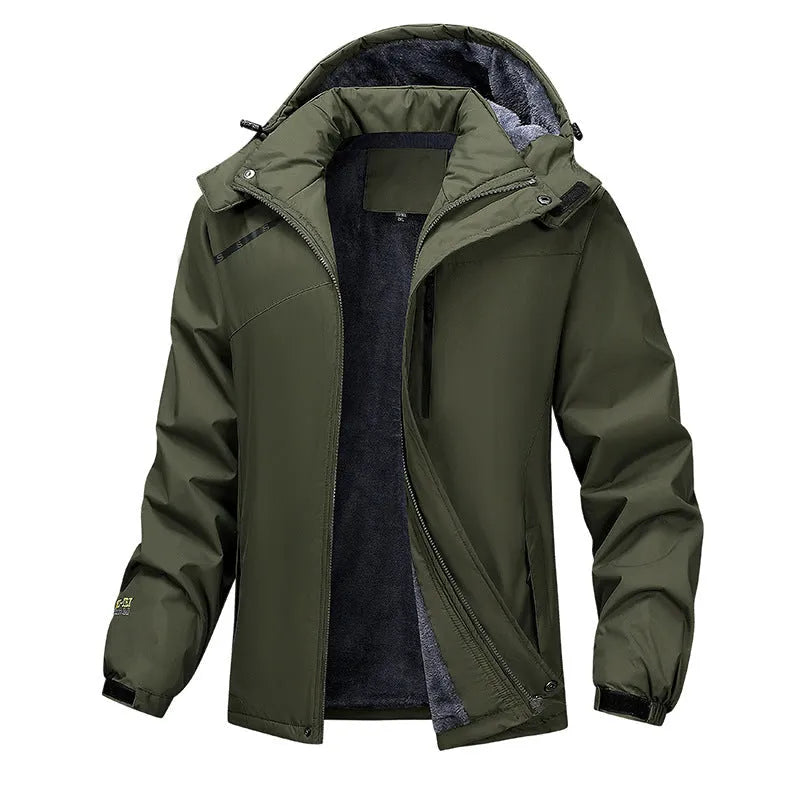 Men's plus size hooded winter coat in Army Green polyester, showcasing front zip and hood.
