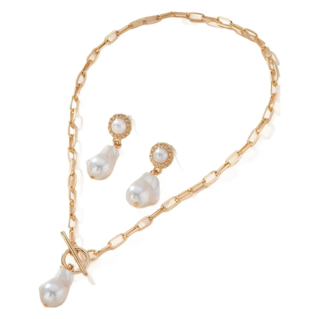 Gold tone retro baroque pearl pendant necklace and matching stud earrings set for women.