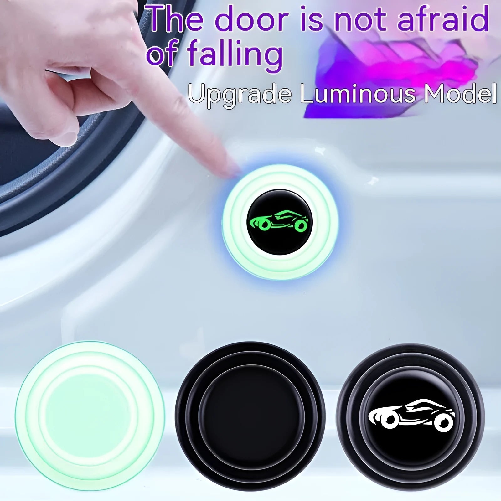 Black and luminous glow-in-the-dark silicone car door edge protector shock pads, 20mm thick.