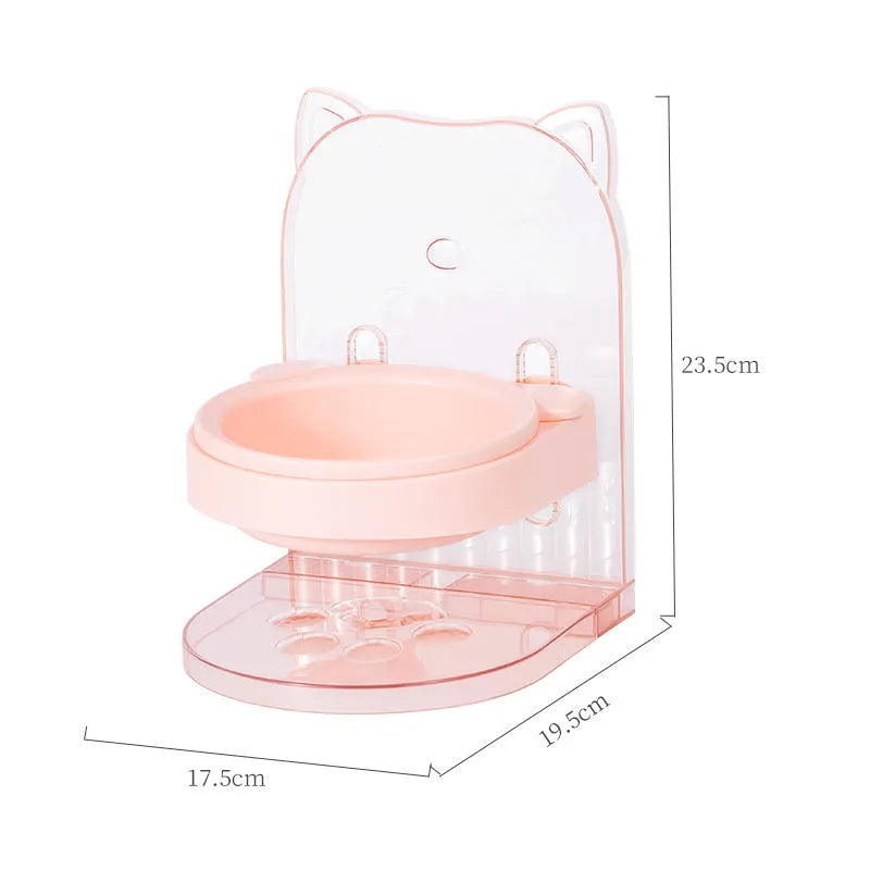 Grey or pink cat ear pet feeding bowl with anti-spill rim and adjustable height mechanism