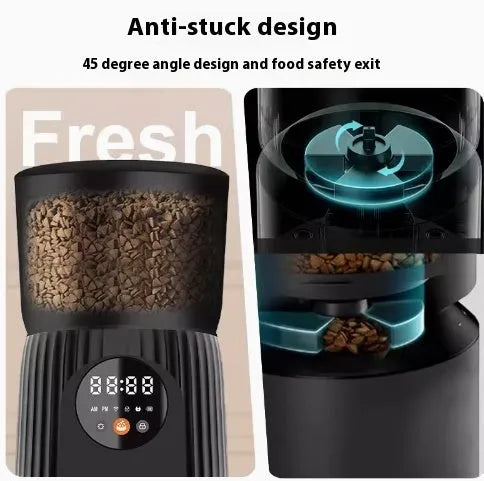 Black automatic pet feeder with digital display and food storage compartment