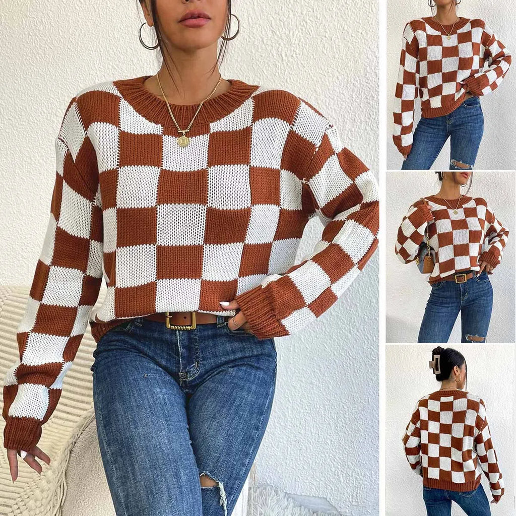 Dark brown plaid loose round neck pullover sweater with long sleeves