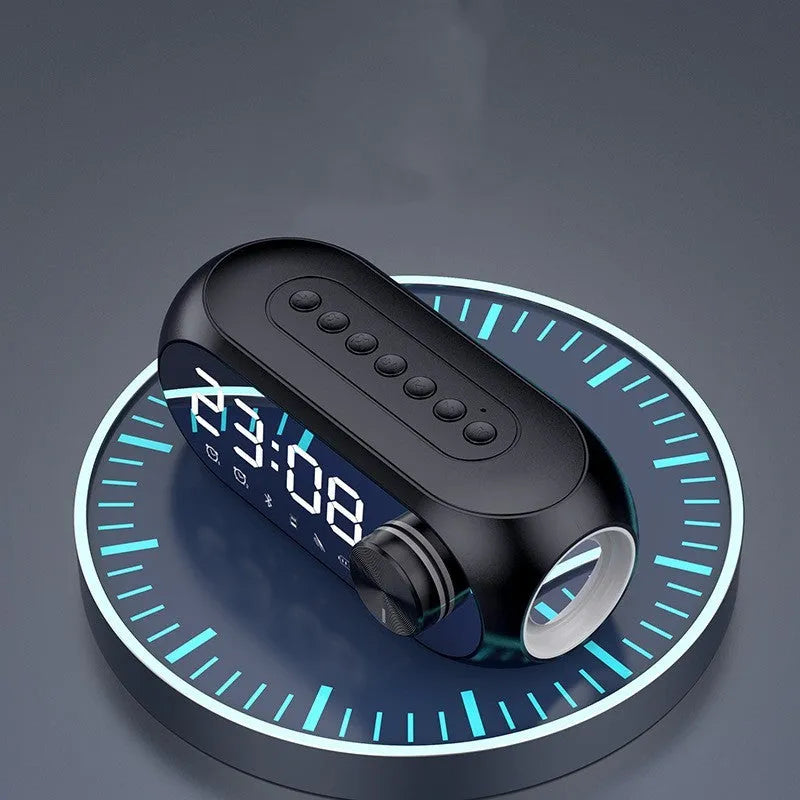 Mini portable Bluetooth speaker with extra bass and digital clock display in black, white, or blue