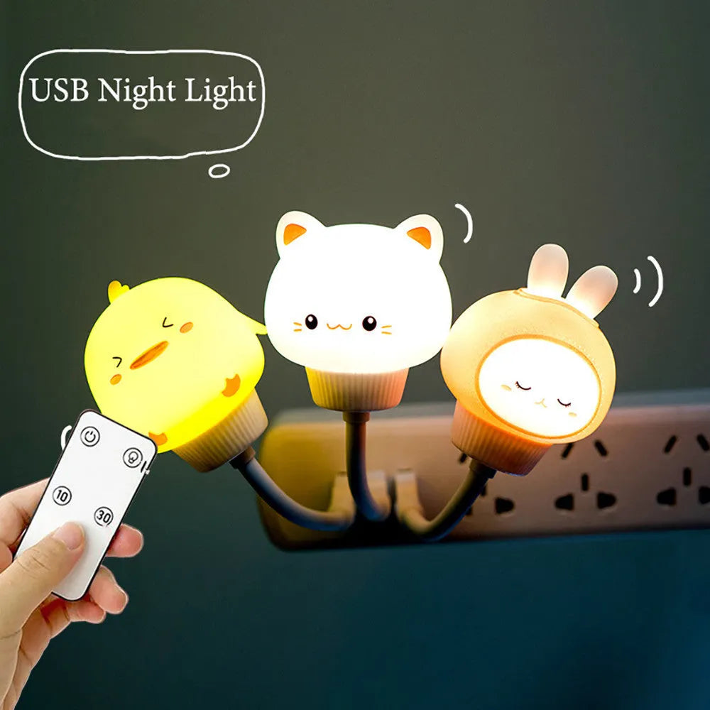 USB portable LED night light in cartoon animal design with adjustable brightness and remote control