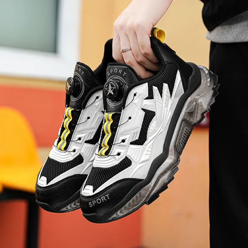 Men's black rotating button dad shoes with mesh upper and platform sole