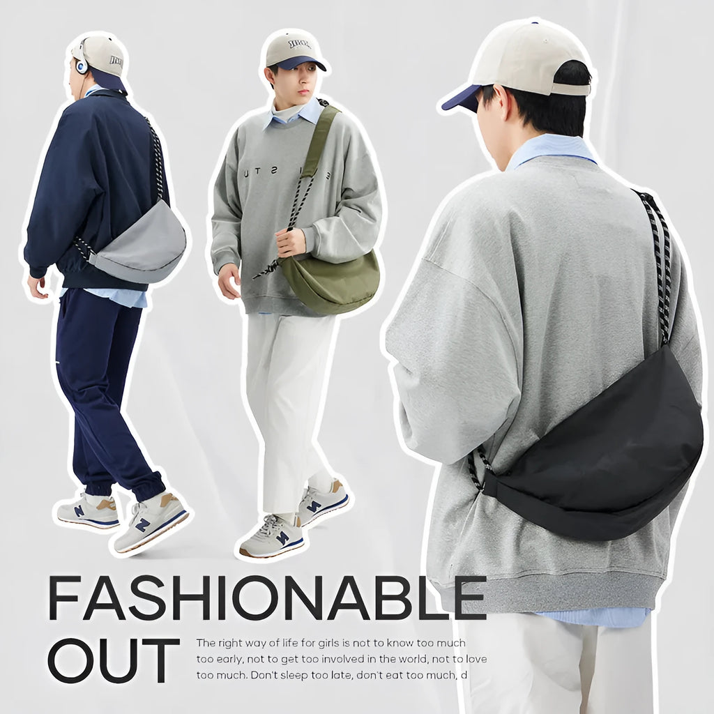 Nylon messenger bag for men in black colour showing large capacity design with shoulder strap